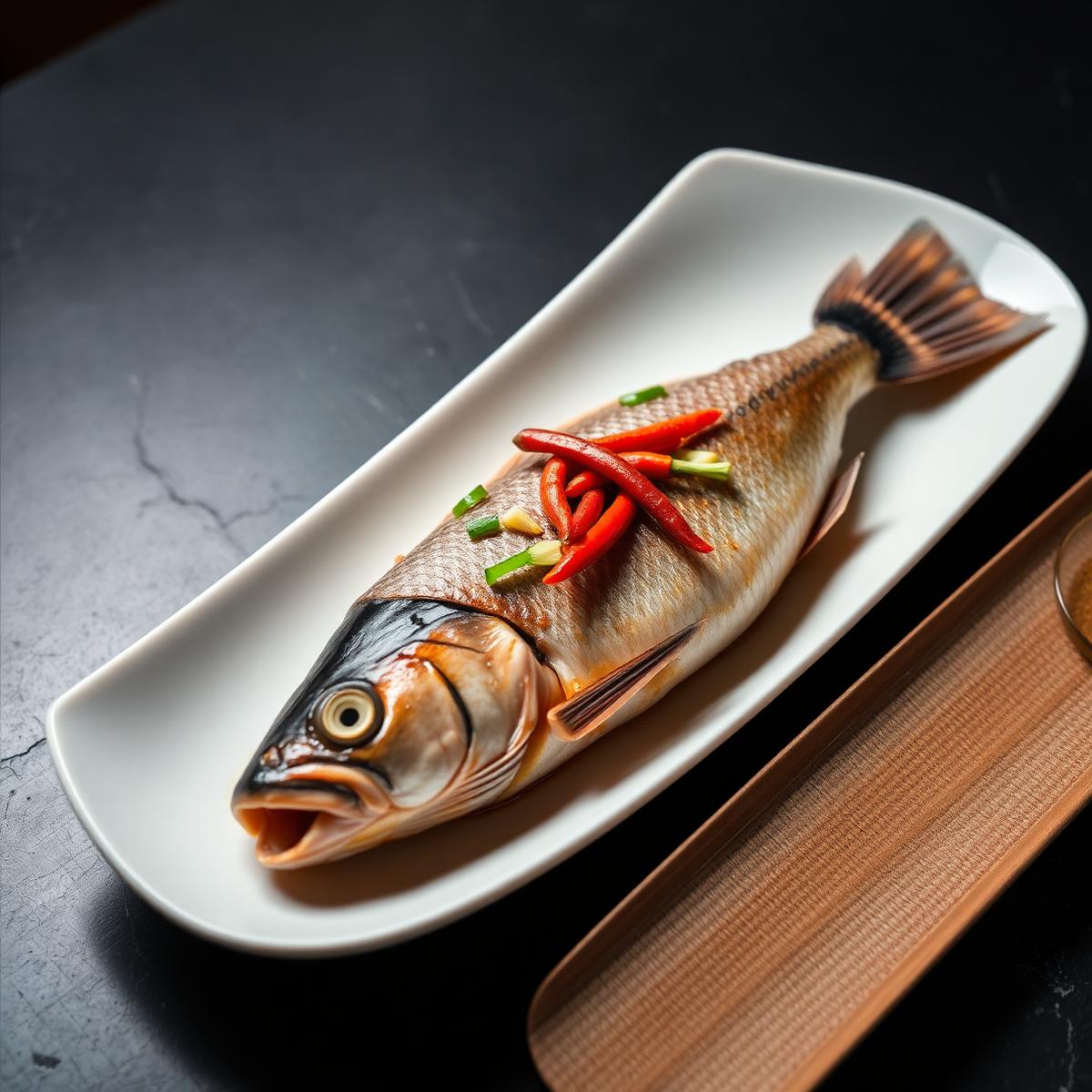 Steamed whole fish with ginger and chilli